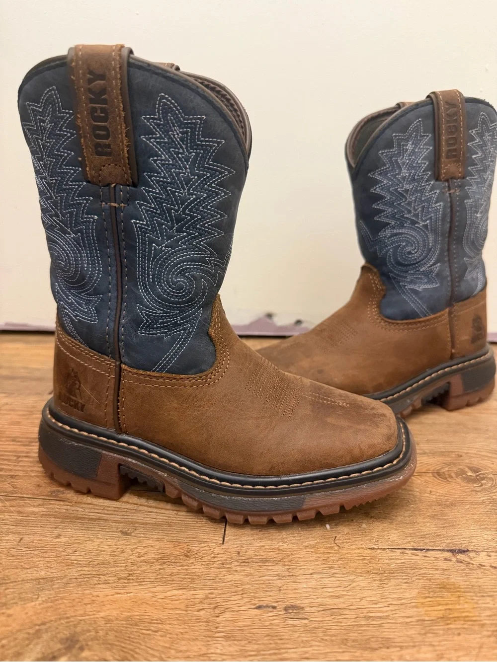 Kids Rocky Brown & Navy Work Western Boots